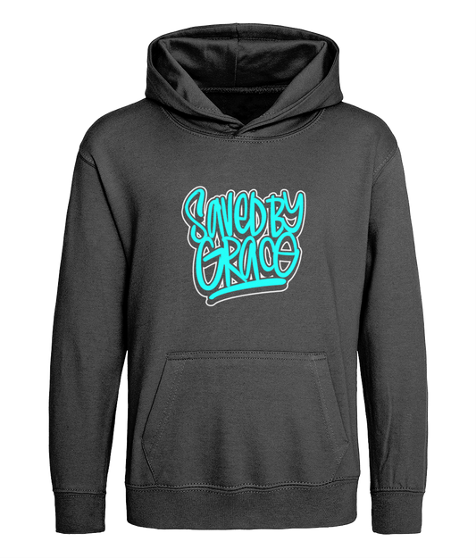 Saved By Grace design on kids black hoodie