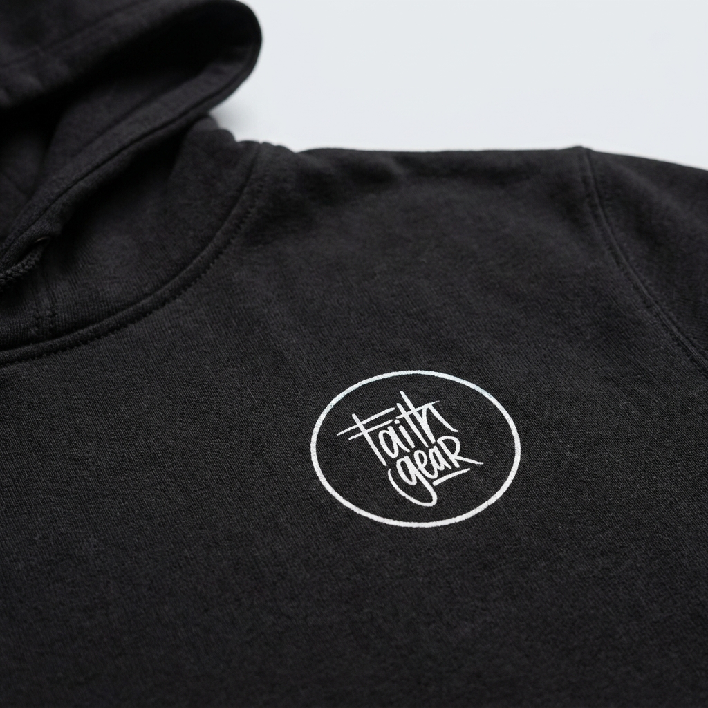 Black hoodie with a white faithgear logo on a light gray background