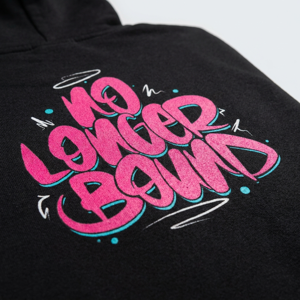 Black hoodie with pink and blue text 'NO LONGER BOUND' on a plain background